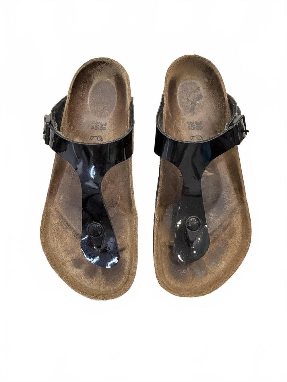 BIRKENSTOCK Gizeh Birko-Flor Black Patent T-Strap Thong Cork Footbed Sandals 38‎